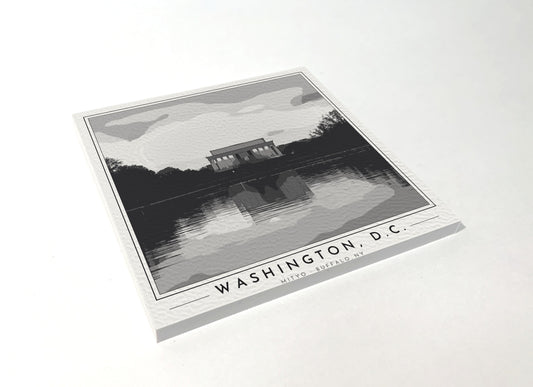 Square poster-style coaster of the Lincoln Memorial in Washington, DC, black-and-white