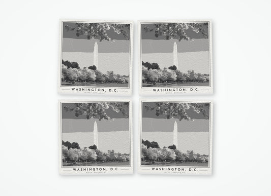 Set of 4 poster-style coasters of the Washington Monument framed by cherry blossoms, black-and-white