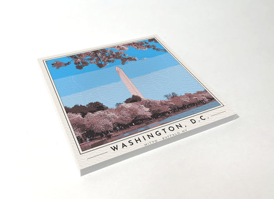 Square poster-style coaster of the Washington Monument framed by cherry blossoms, full-color