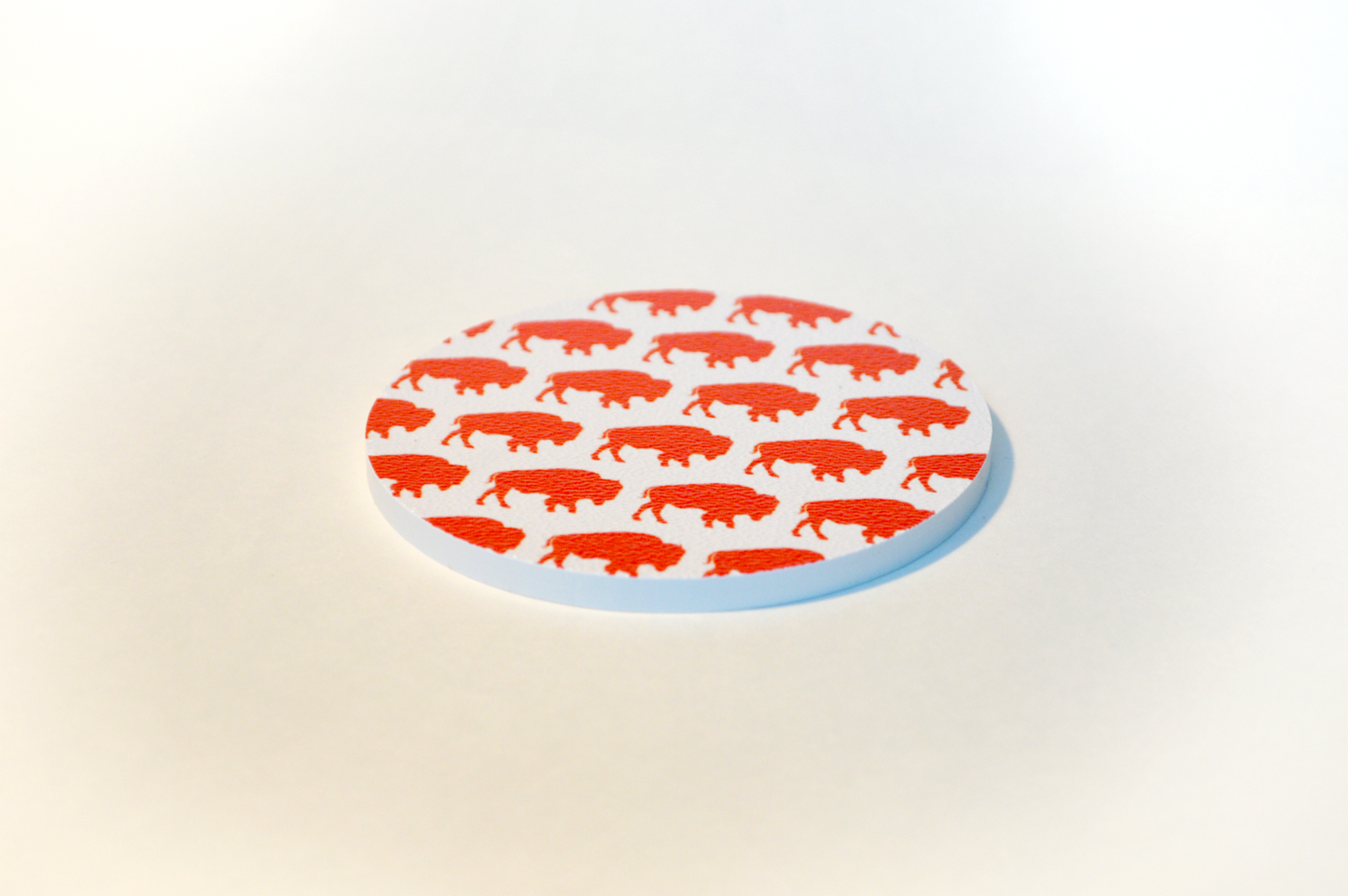 Buffalo White with Red Buffalo Pattern Circle Plastic Coaster 4 Pack Designed and Handcrafted in Buffalo NY